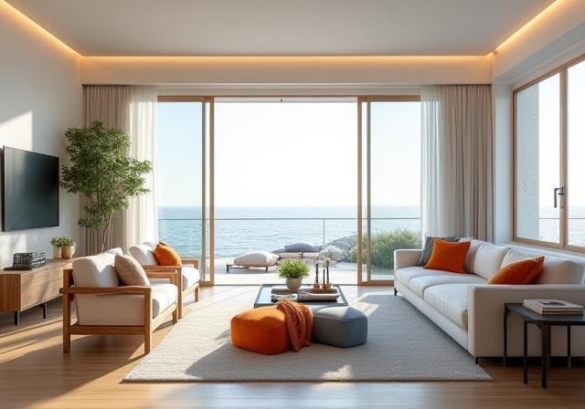 Modern coastal living room with nautical theme